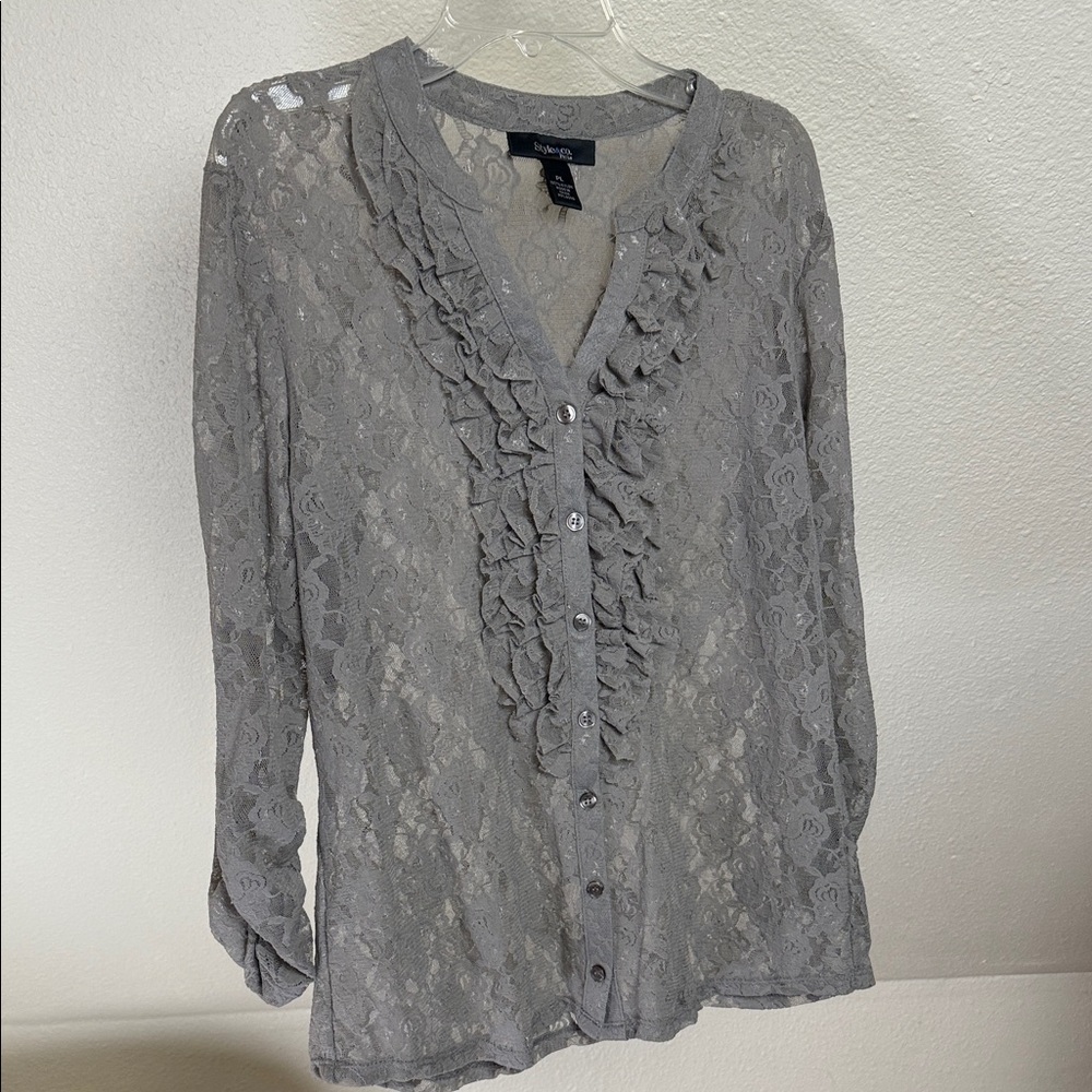 STYLE & Co Petite 100% Nylon Ruffled Button Down Taupe Blouse. Size PL